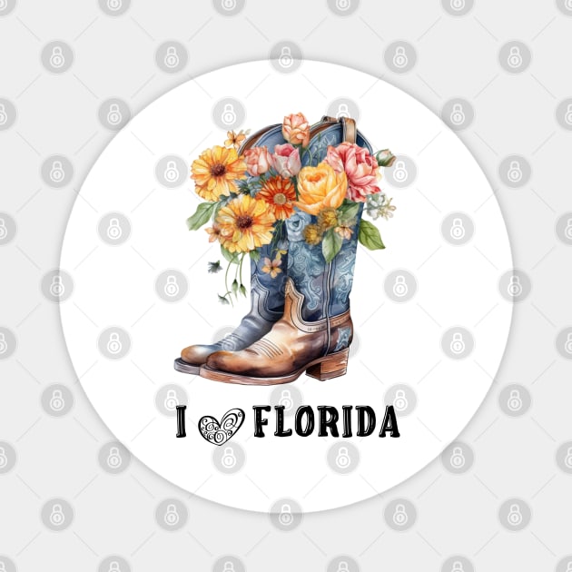 I Love Florida Boho Cowboy Boots with Flowers Watercolor Art Magnet by AdrianaHolmesArt